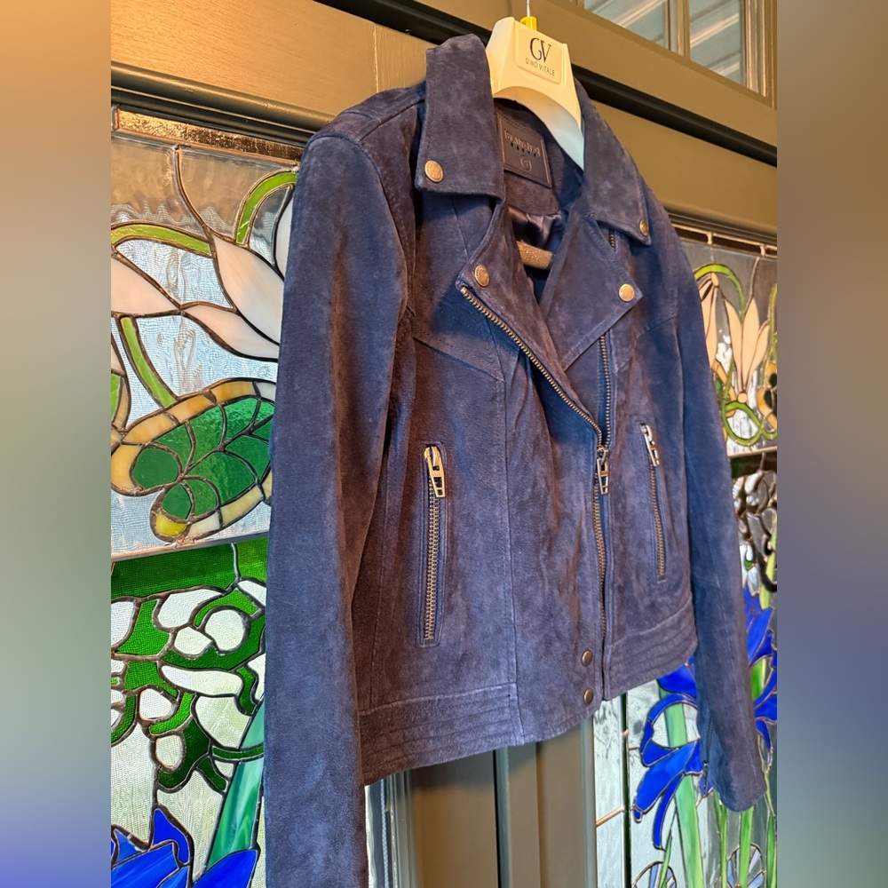 Blank NYC Sz 2 Beautiful Women's Blue Suede Biker Jacket Lots of Zippers (0731) - Picture 2 of 12